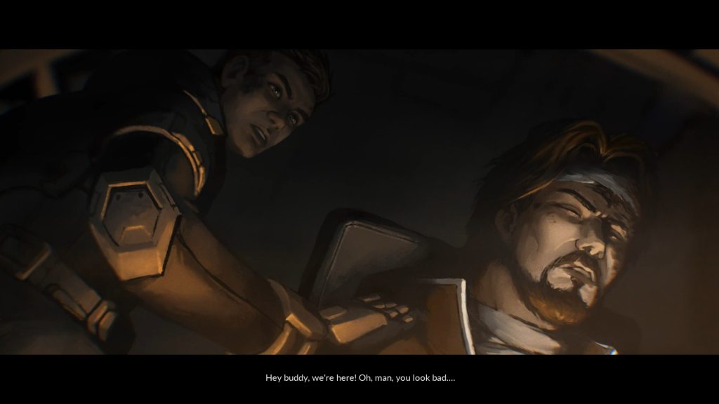 In a dim room, a worried armored woman leans over a bearded, bandaged man who looks exhausted; subtitle reads, “Hey buddy, we’re here.”