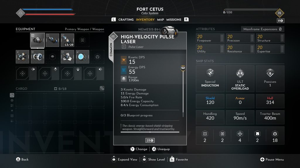 Sci-fi game inventory screen showing a High-Velocity Pulse Laser, equipment grid, ship stats, cargo slots, and upgrade details in a dark, tactical UI.