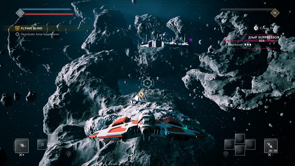 Game screenshot of a sleek red-and-white spaceship flying through a dark asteroid field, with mission objectives and HUD controls visible.