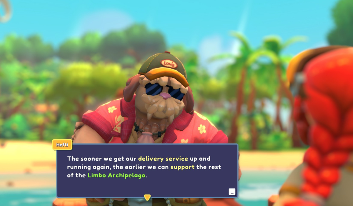 A girl with red braids speaks to a large shaggy dog wearing a baseball cap and a Hawaiian shirt. A text box reads: "The sooner we get our delivery service up and running, the sooner we can support the rest of the Limbo Archipelago."