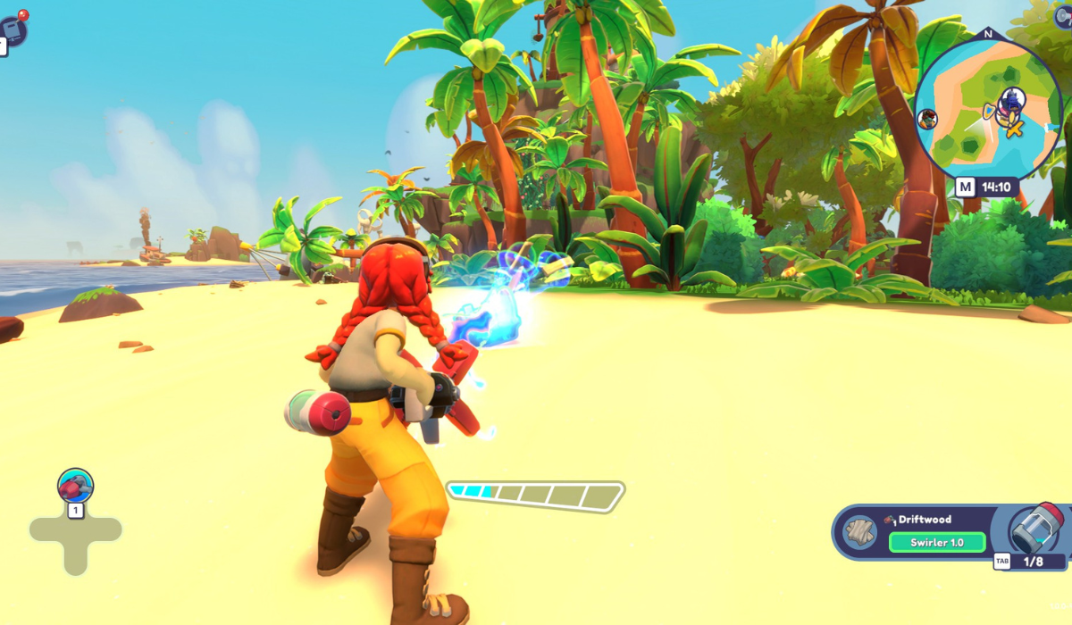 A girl with red braids stands on a tropical beach pointing a blue beam at a piece of driftwood.