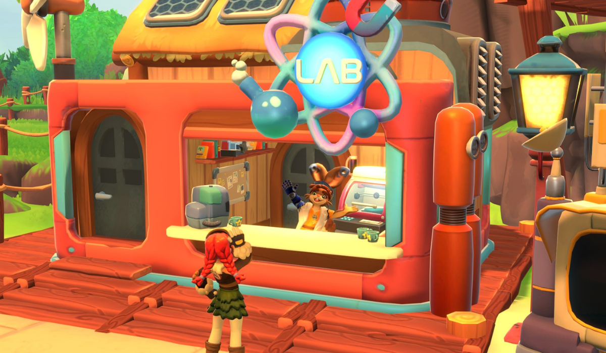 A girl with red braids stands waving in front of a serving window of a building marked LAB. A rabbit with metal tipped ears and a bionic arm waves back from behind the window.