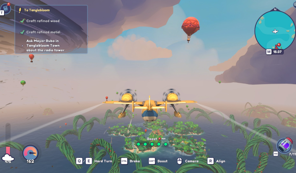 A yellow plane flies through a sunset sky with a red hot air balloon above it and islands surrounded by giant green vines below.