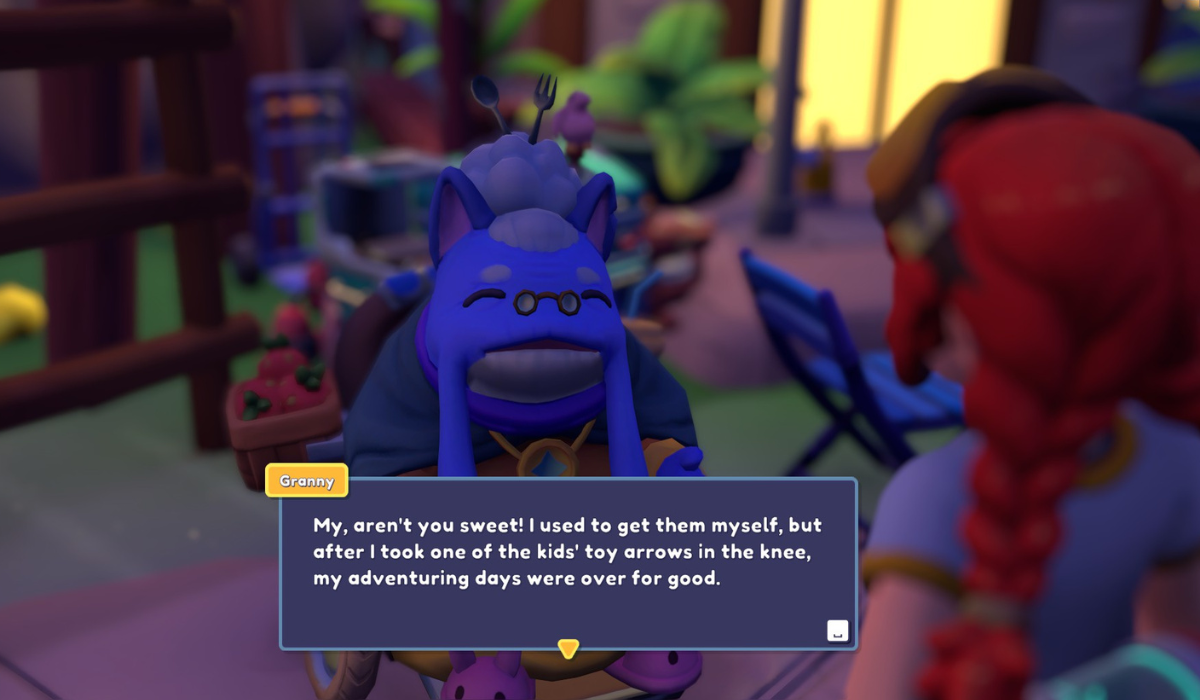 An elderly creature with blue skin and cutlery in her hair speaks to a girl with red braids. A text box reads: "My, aren't you sweet! I used to get them myself, but after I took one of the kids' toy arrows in the knee, my adventuring days were over for good.'