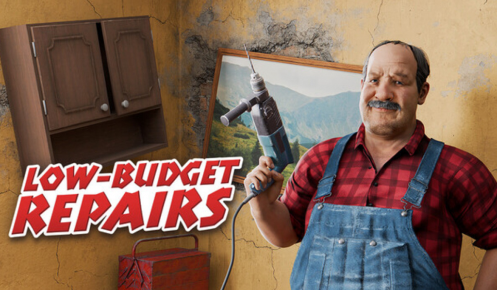 key art for low budget repairs showing a man with a drill