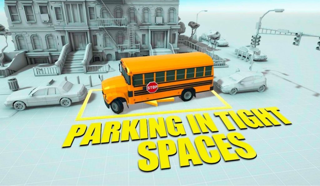 A yellow school bus is parked in a yellow square outside a townhouse. All the other features of the location are all coloured white. The words Parking in tight Spaces is written on the road in the foreground.