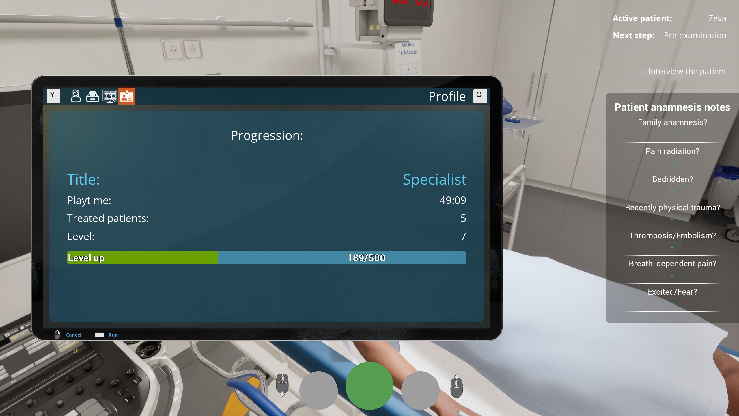 This image shows the tablet provided to your player with a progression bar. Here you can see your title, and the patients you have treated.
