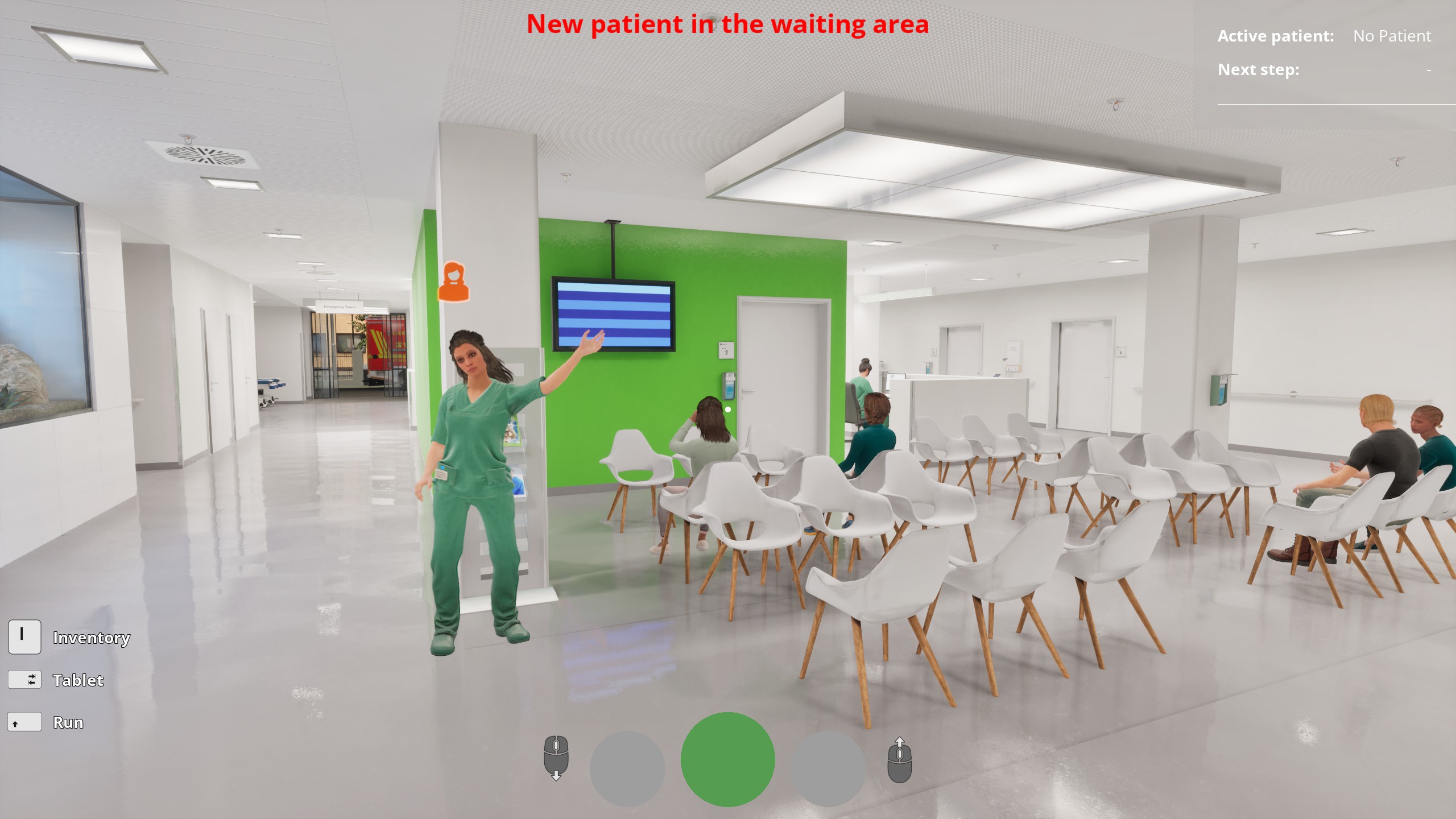 This image shows the nurse in a green work uniform waving the player over. In the background there are white chairs whereby patients are sat. To the top of the image it states "new patient in the waiting area" in red.