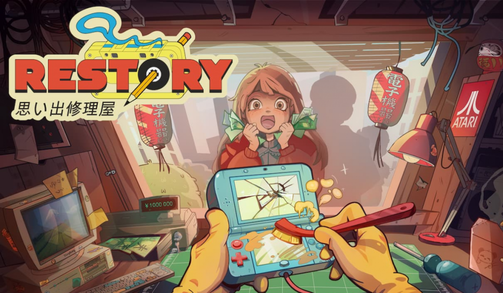 Anime-style RESTORY game poster: a surprised girl holds a broken handheld console in a cluttered repair shop, with tools, lanterns, and warm tones.