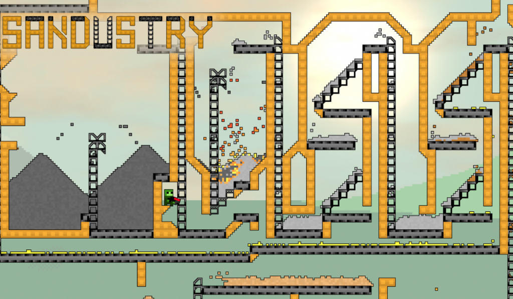 Pixel art game scene showing a green character navigating ladders and platforms inside orange sandy structures labeled "SANDISTRY."