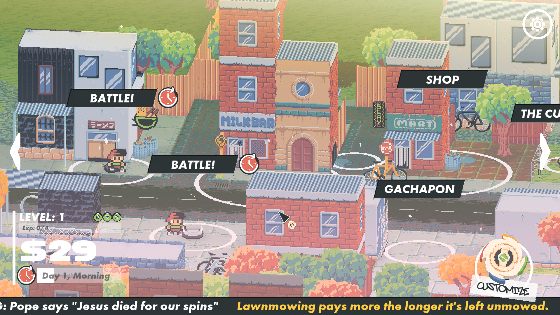 A small 2.5D town with people walking around. Two people have a black box above them saying "battle"!. Some other place in sight are a gachapon machine and local shop.