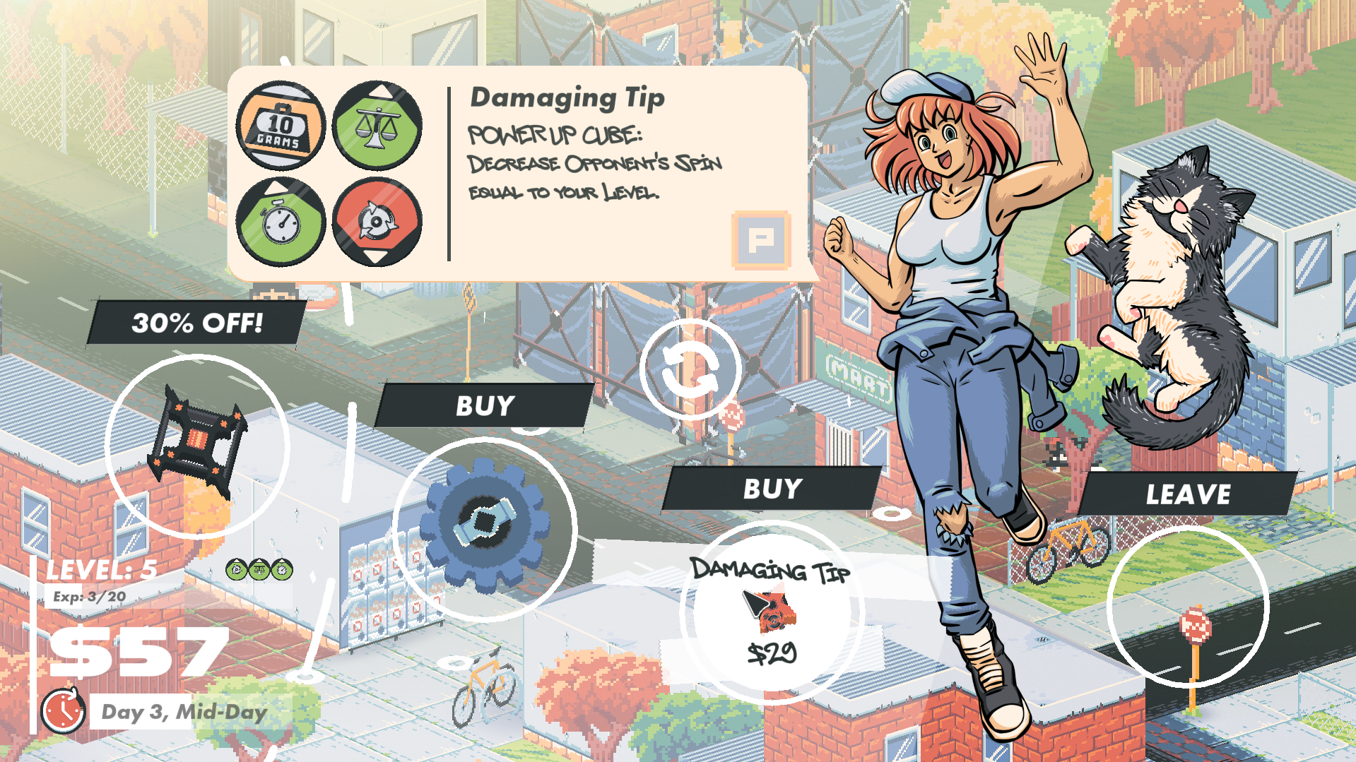 Two characters are jumping for joy, with one being a cat, and the other a woman. She has red hair and is wearing a blue cap, jeans with a rip. A white tank top, and clack shoes. The cat is also black and white. Also, displayed are three parts that players can use for their spinner. A box at the top shows the buffs and debuffs of the currently highlighted part.