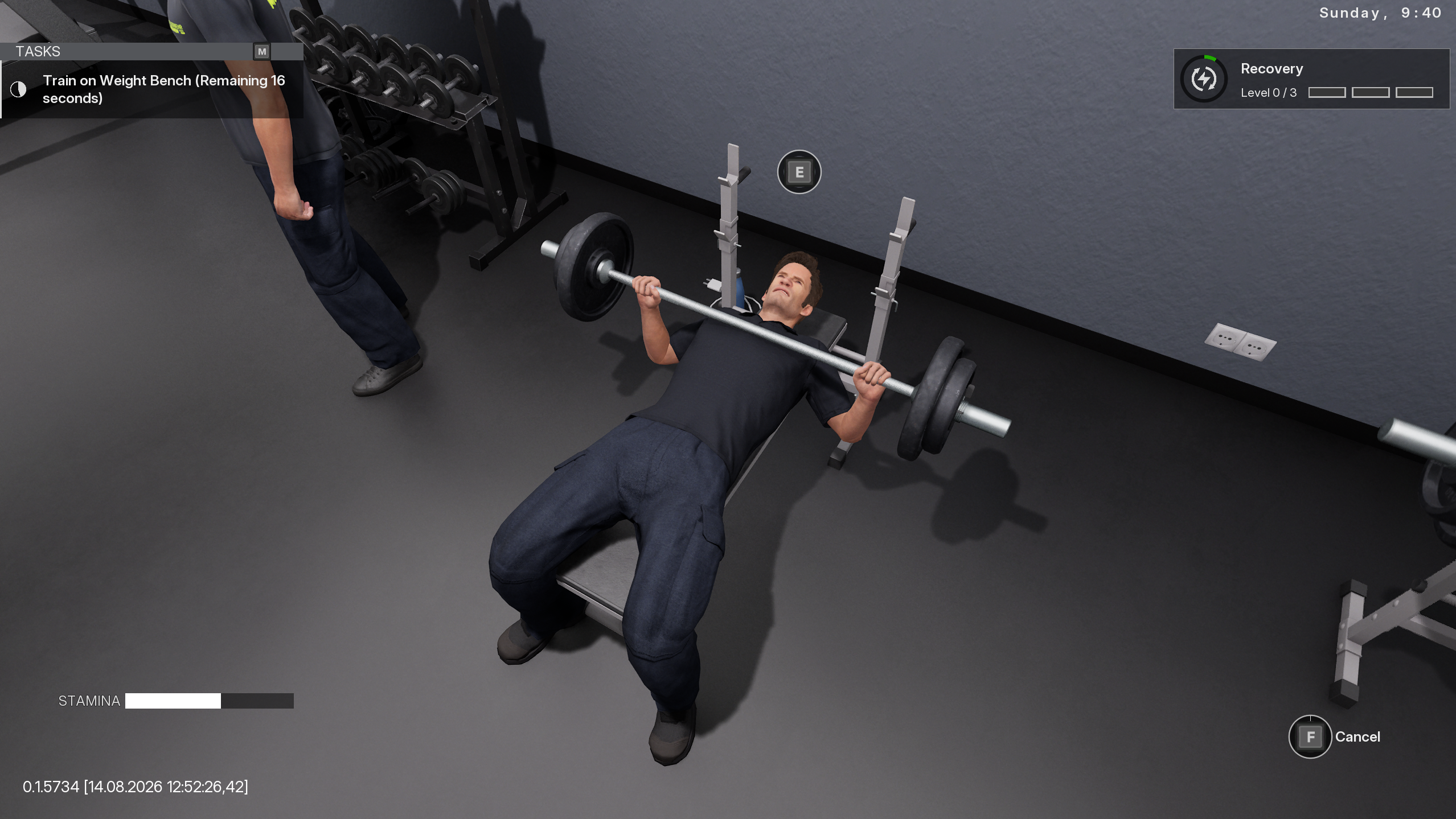 This image shows the main protagonist trying to bench press. 