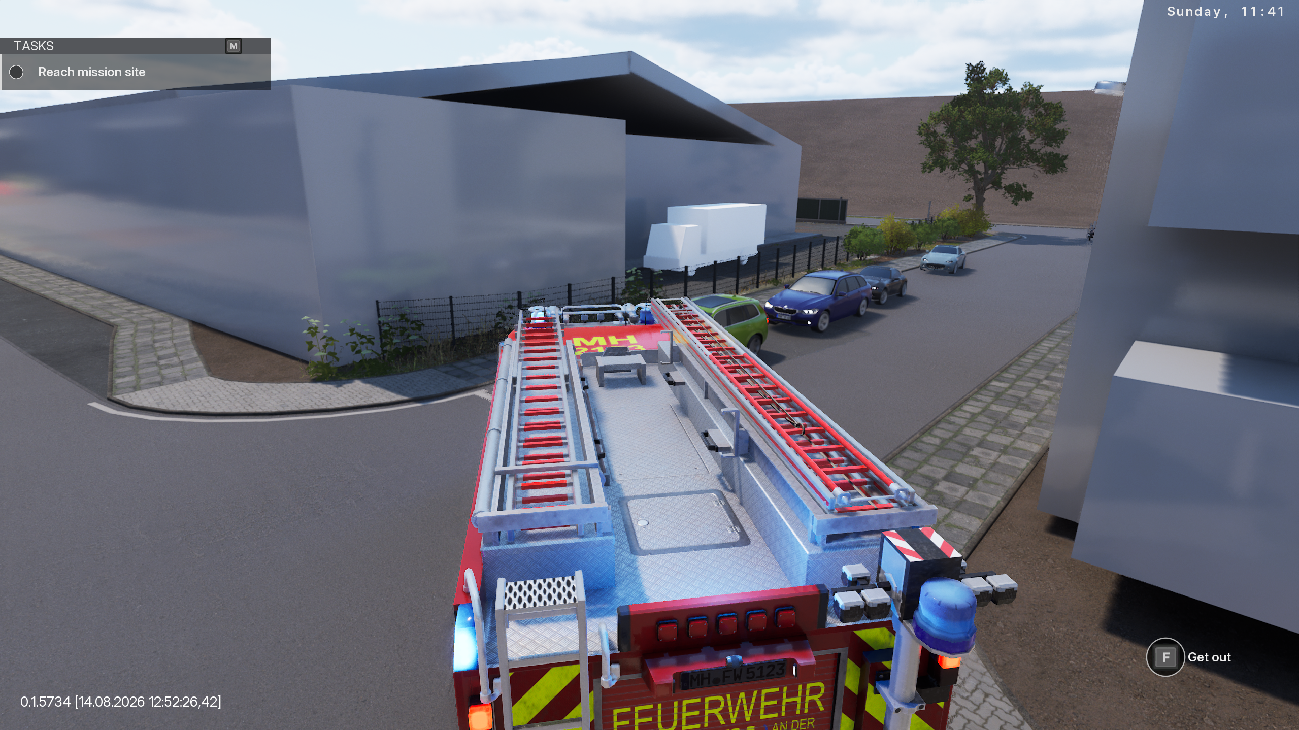 This image shows a fire engine (red base with vibrant yellow writing) in the middle of the image. In the background there are houses (which are white blocks). It shows the fire engine driving round a corner. 