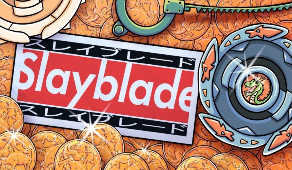 The image shows a background made of gold coins with kangaroos on them. They say "1 Dollar" on them. Upper left is a white Slayblade, then next to it a blue Slayblade launcher. Below the launcher is another Slayblade; blue, shiny, with copper detailing and a green dragon in the center. On the left center is a tag with a red background. The black upper and lower borders are in Japanese, and the center says "Slayblade" in white text.