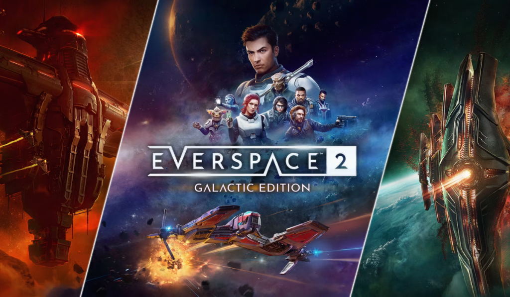 Everspace 2: Galactic Edition game art shows a space pilot and crew, starships in battle, and imposing alien spacecraft amid vivid cosmic scenes.