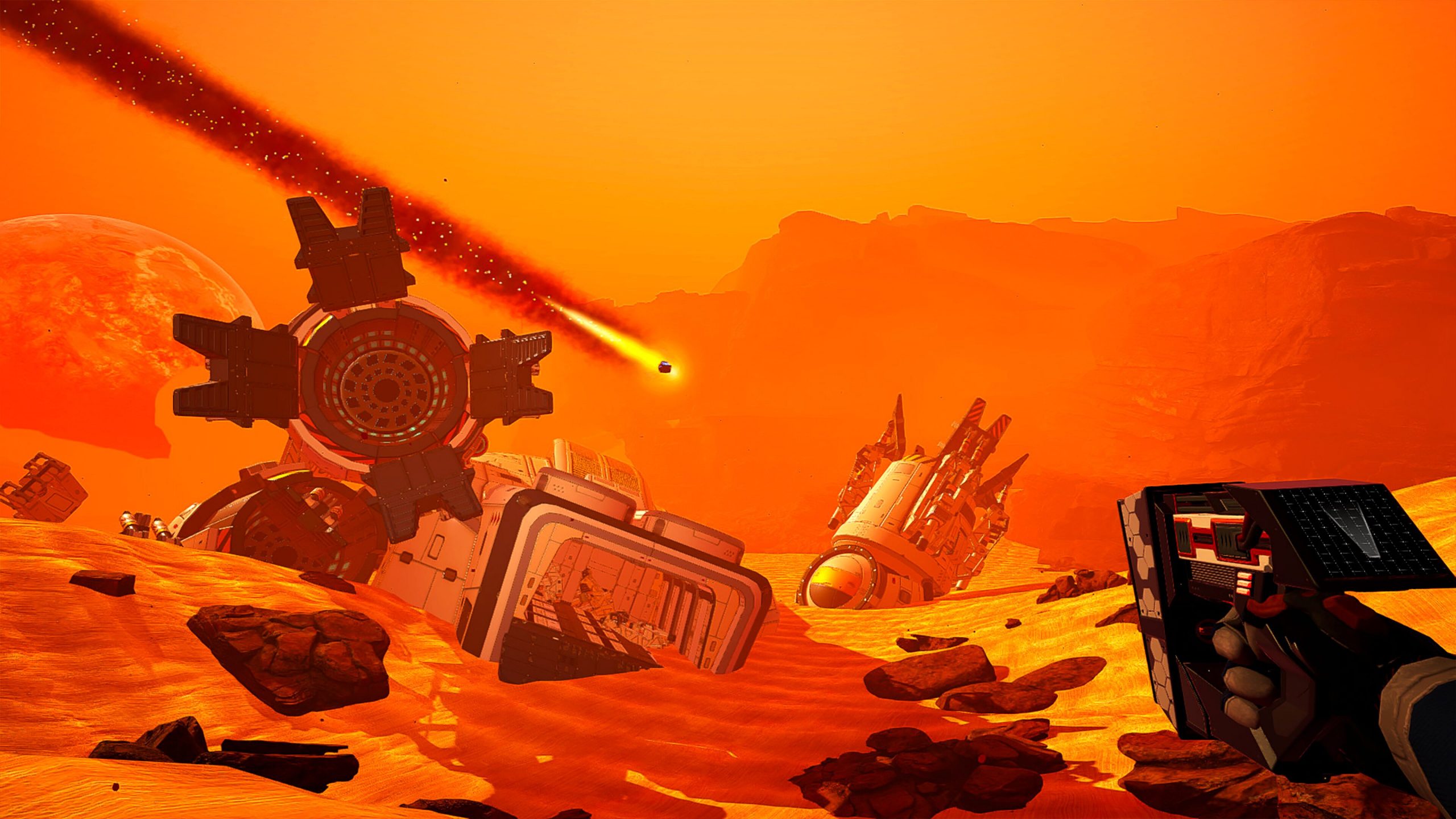 A barren, red planet stretches out into the distance. A small meteor is crashing down in the background. The foreground is littered with crashed spaceship debris.