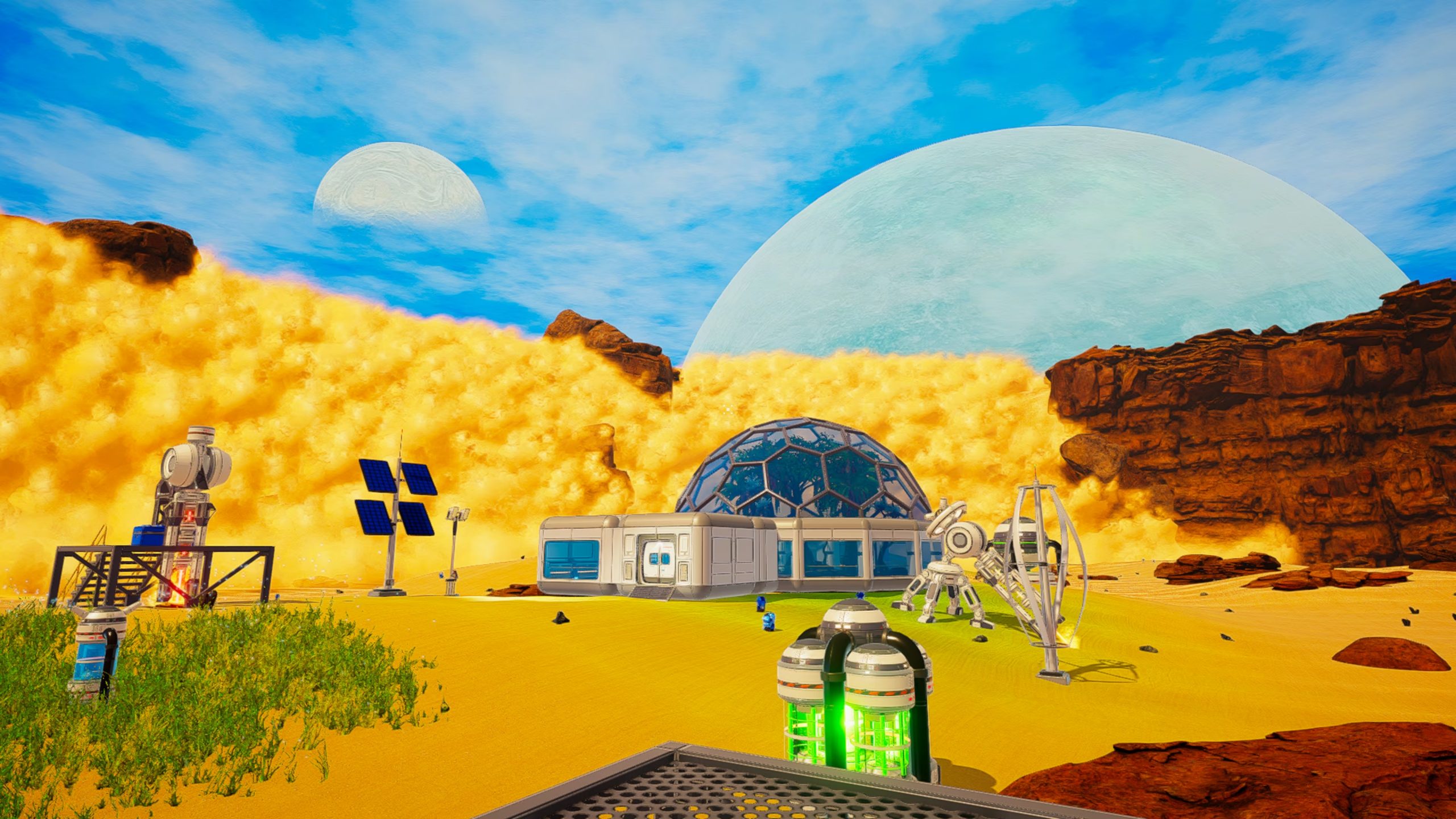 A giant dust cloud is moving towards the players base. The base consists of a small domed building, some solar panels, and a drill.