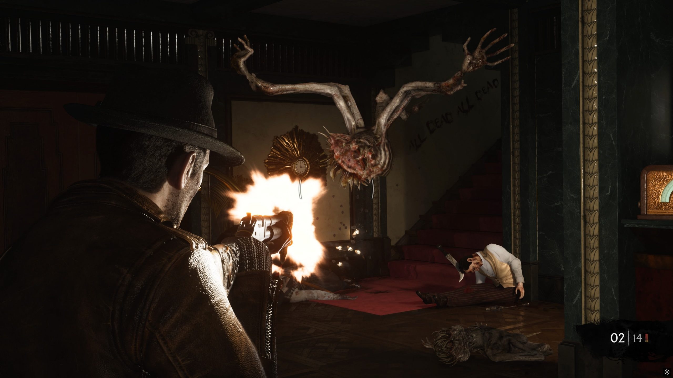 Calvin fires a shotgun at a creature with tentacle legs on the ceiling.