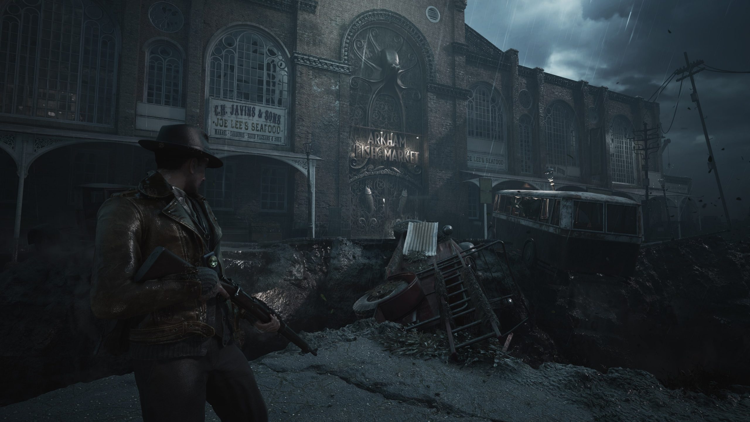 Calvin stands outside the Arkham Fish Market.