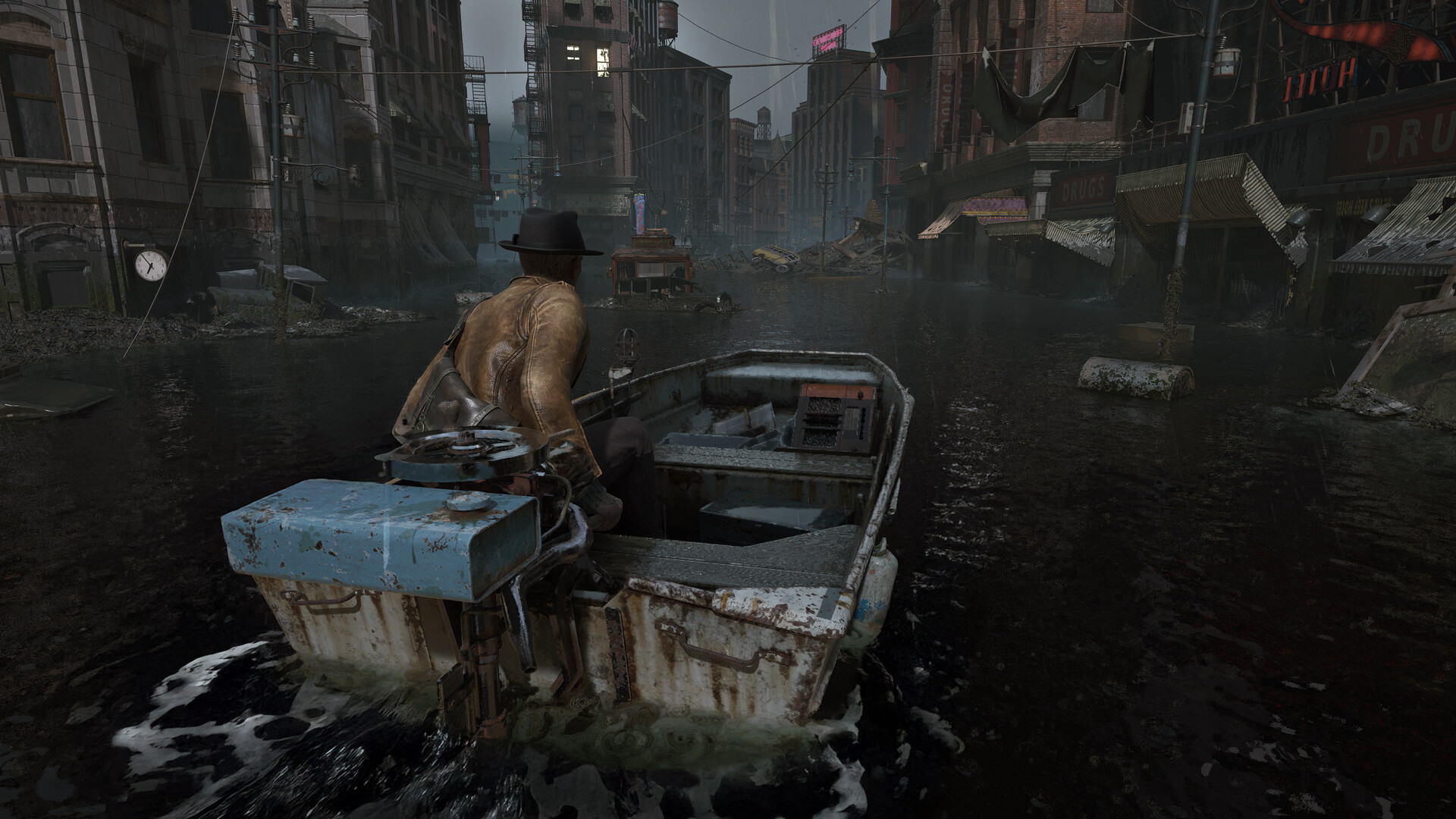 Calvin navigates his motorboat through the flooded streets or Arkham city.