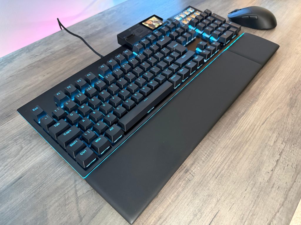 A bequiet mechanical keyboard with blue backlighting, accompanied by a wrist rest, a mouse, and a small accessory, are neatly arranged on a wooden desk.