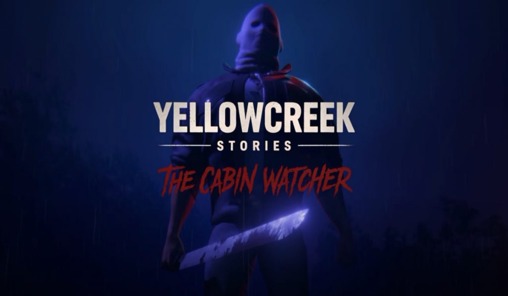 The image has a blue hue. A killer stands menacingly, wearing a cloth sack with cutout eye holes, a leather jacket, jeans and holding a machete. The text reads "Yellowcreek Stories; Cabin Watcher". The first two words are white, while the second two words are in red, scratch looking font.