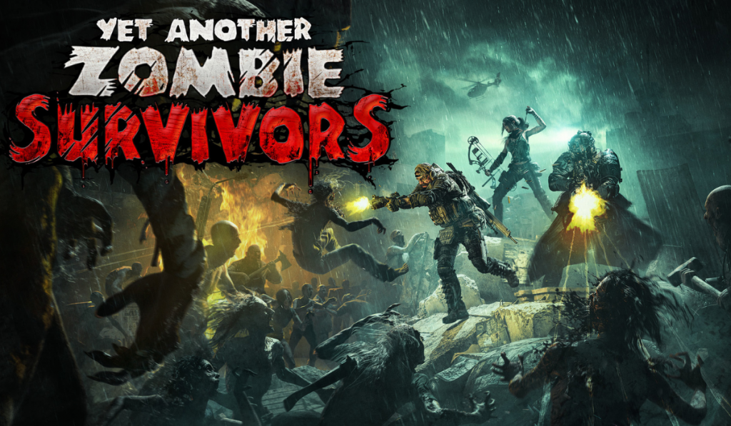 Zombie apocalypse scene with armed survivors fighting off attacking zombies in a dark, rainy, and chaotic environment.