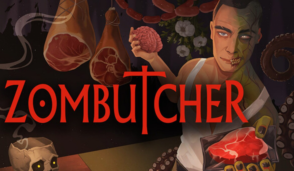 Dark horror poster for “Zombutcher”: a bloodied butcher holds a brain beside hanging meat, sausages, skulls, and a zombie-like face.