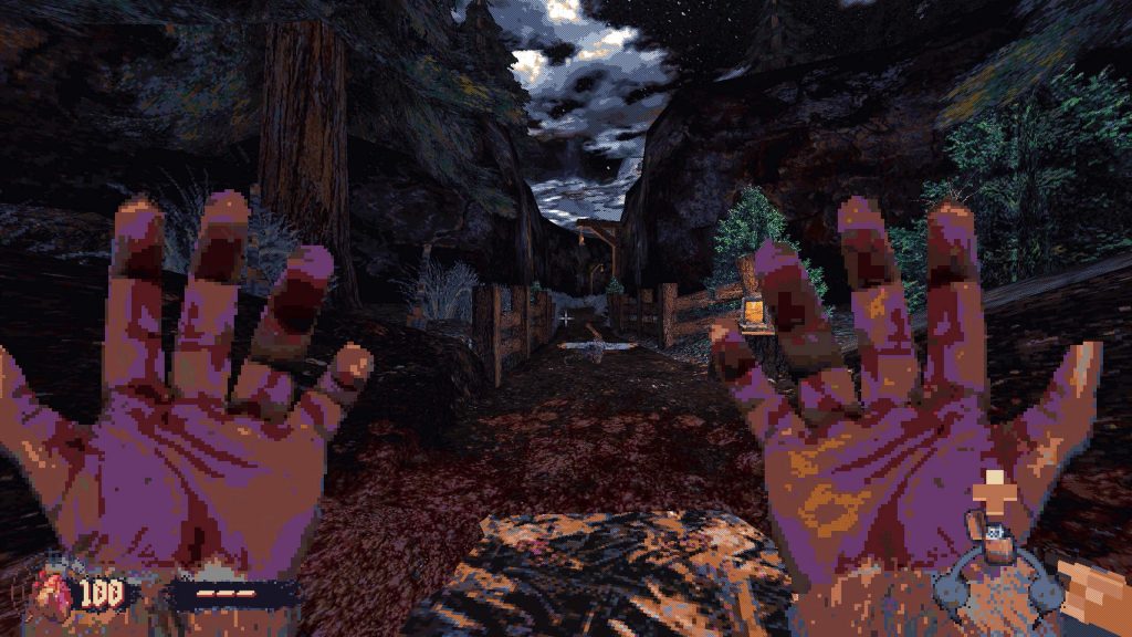 First-person pixel art view of bloody hands in a dark, wooded path with a cloudy night sky and wooden fences.