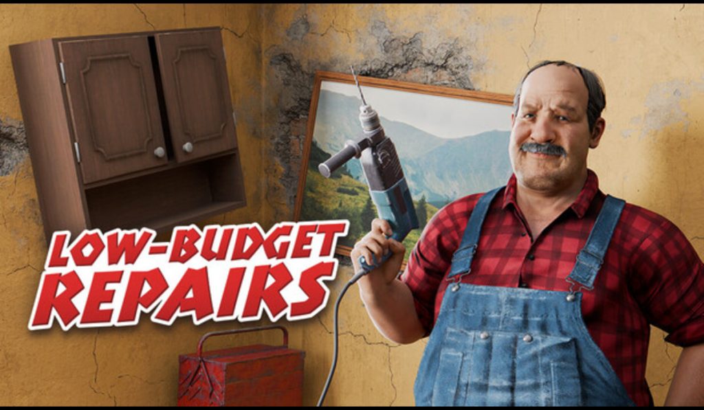 Handy man holding a drill standing in front of a painting doing a poor job at hiding a botched wall repair