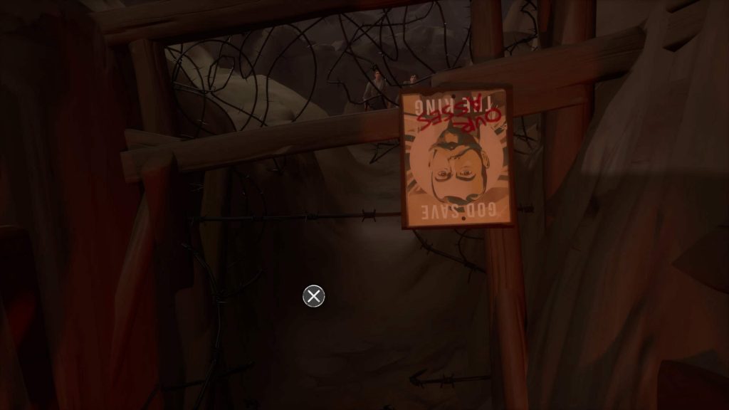 Upside-down "God Save Our King" poster with a man's face but with red writing saying our asses.Barbed wire, and wooden posts in a dark can be seen, enclosed space with two people above.