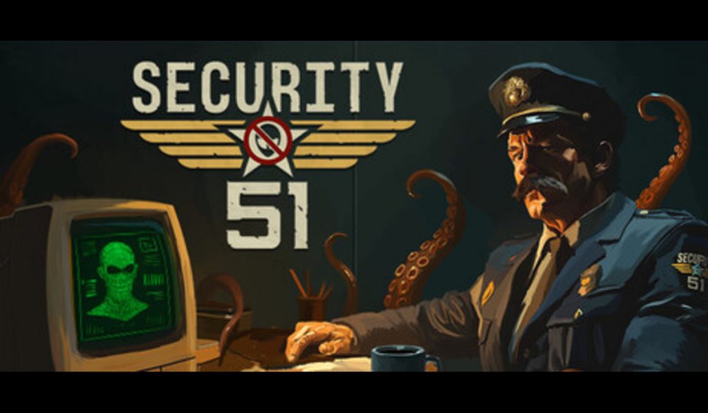 Illustration of a Security 51 officer at a desk surrounded by tentacles, with an alien face on a green computer screen.