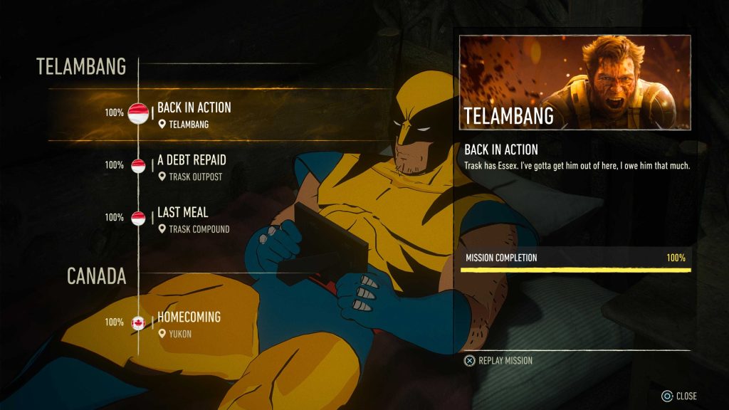 Video game mission-completion screen showing a comic-style masked character, 100% completion, and locations in Canada.