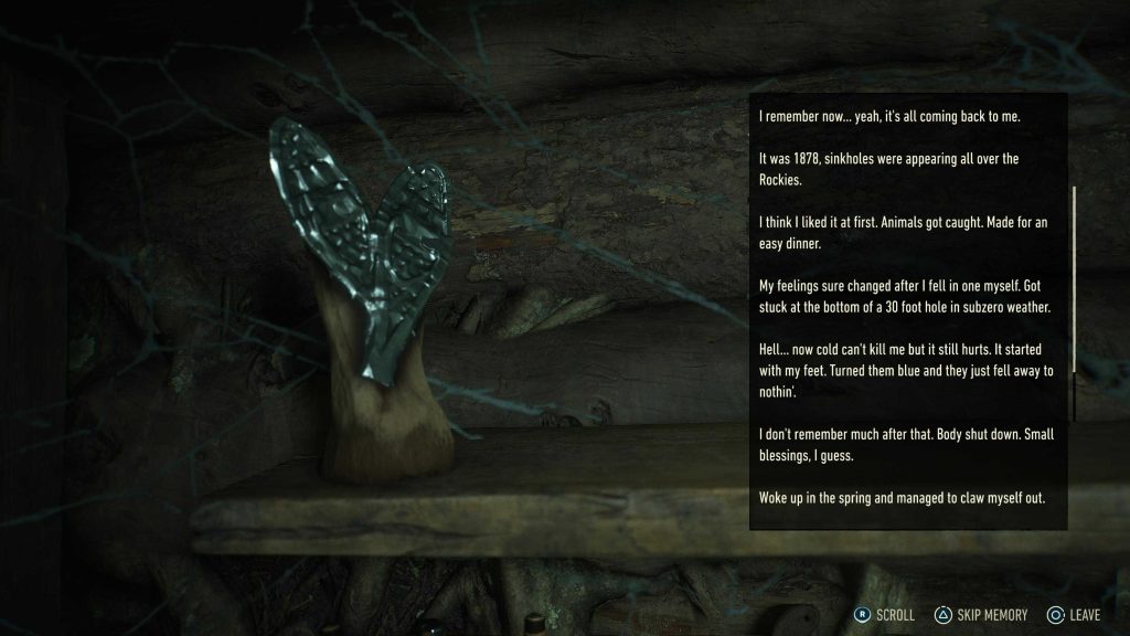 A dark game scene shows a person’s muddy feet behind wire, with a text panel recounting survival in a sinkhole.