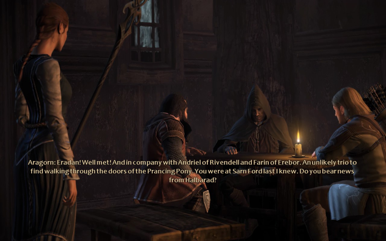 Fantasy tavern scene: four travelers gather around a wooden table in a dim room, with a hooded figure and candlelight; dialogue appears onscreen.