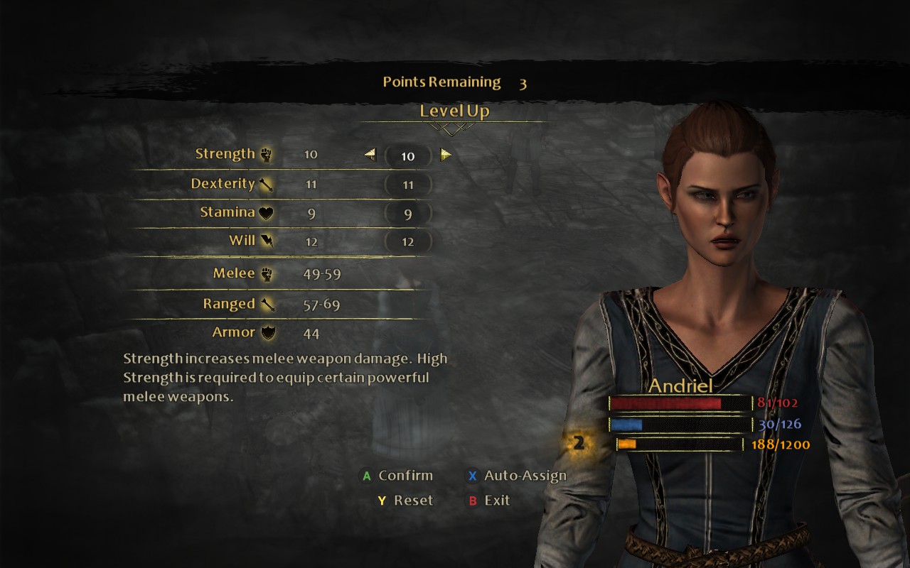 Video game level-up screen showing a female warrior beside Strength, Dexterity, Stamina, Will, melee, ranged, and armor stats.