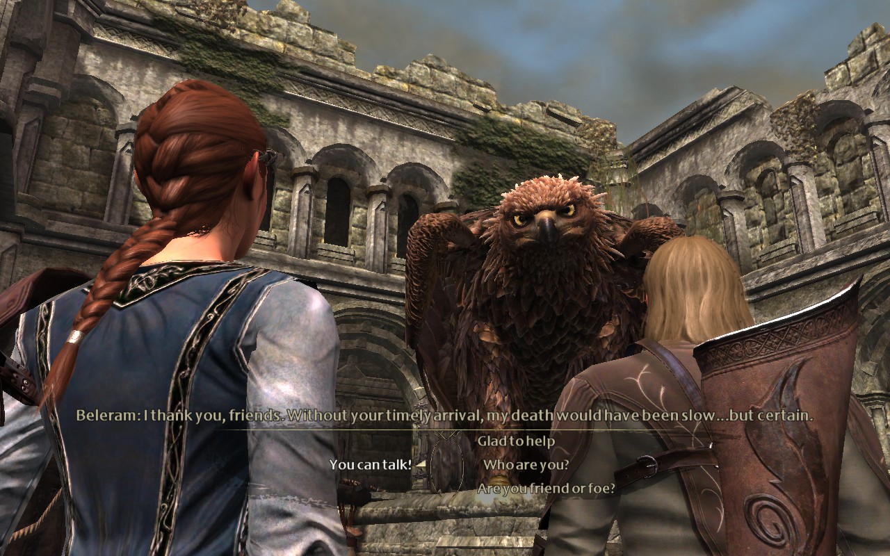 Fantasy game scene: a red-haired warrior and blond companion face a stern, feathered griffin in ruined stone arches during tense dialogue.