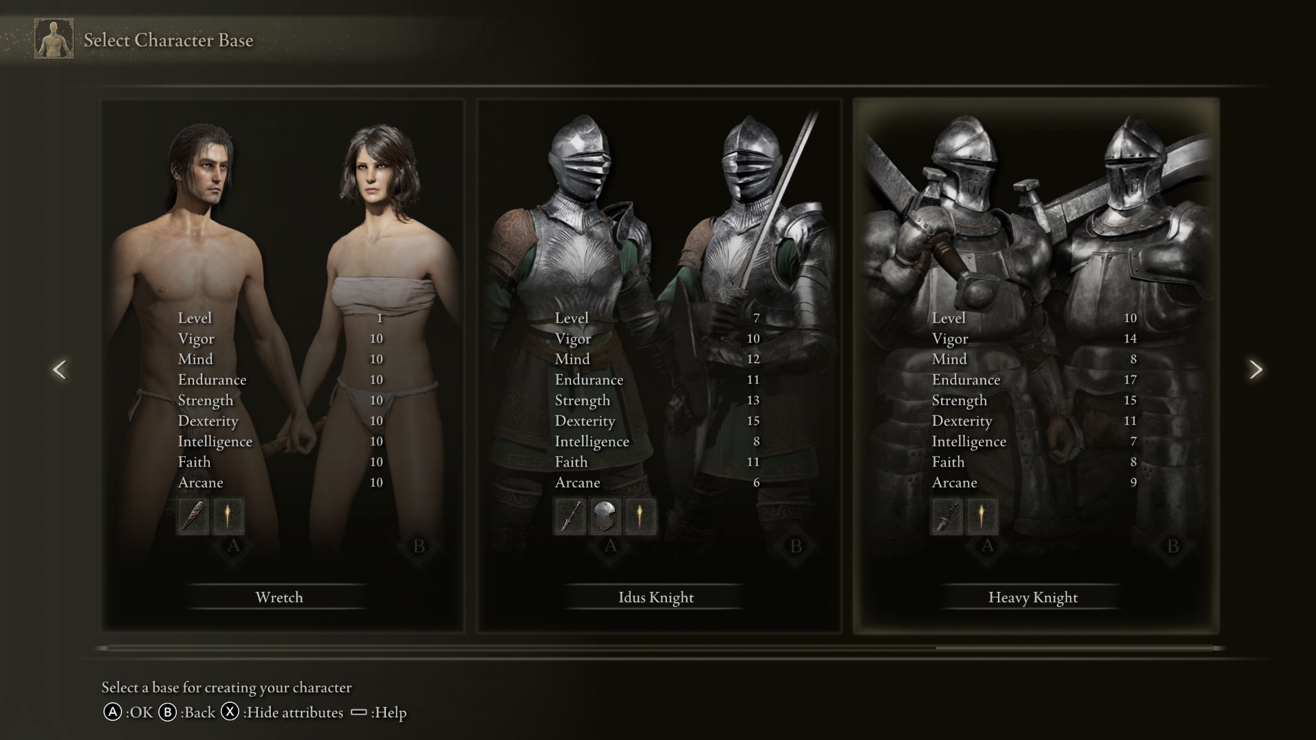 Dark fantasy character selection screen showing Wretch, Idus Knight, and Heavy Knight classes, with male and female medieval warriors in armor.