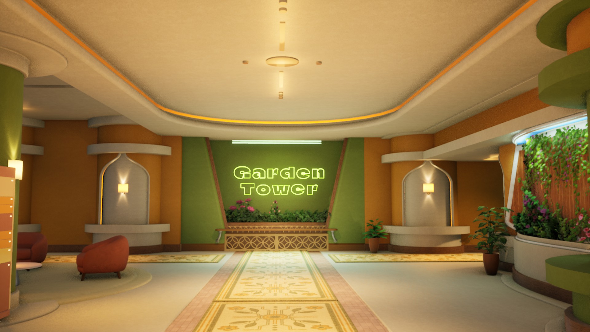 Symmetrical modern lounge with a glowing “Galaxy Tower” sign on a green wall, curved cream ceiling, paired alcoves, low seating, and plants; quiet, futuristic atmosphere.
