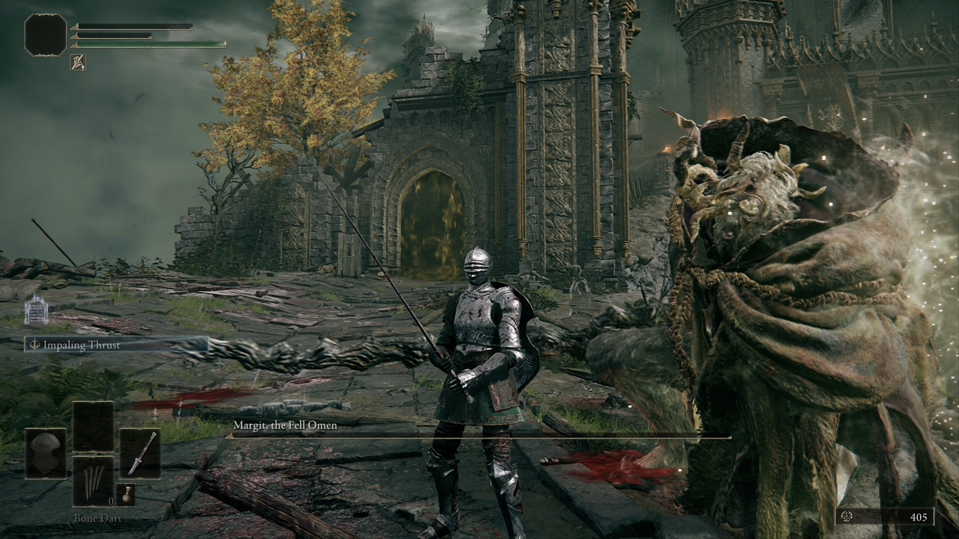 Elden Ring battle: an armored knight faces a towering, grotesque beast amid a ruined gothic castle, bloodstained ground, and eerie mist.