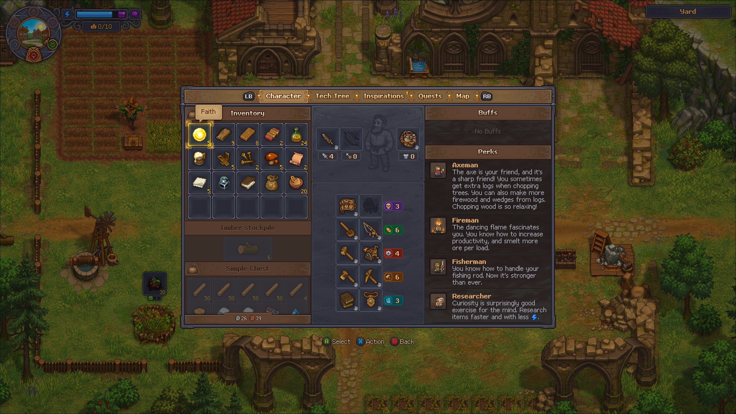 Inventory and perks menu screen from a pixel-art farming and crafting video game showing items, equipment, and character buffs.