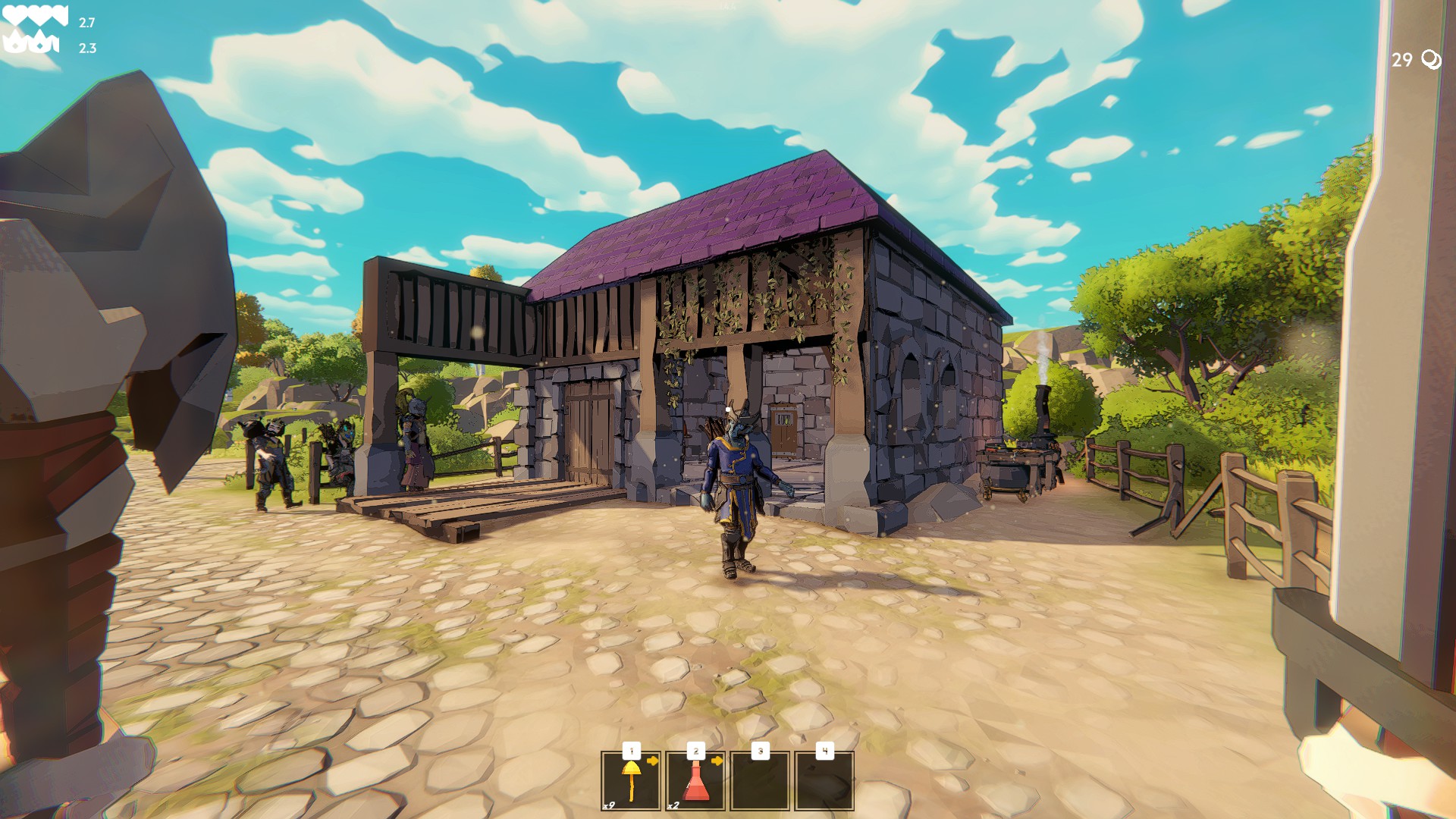 A large stone and wood building is in the center of the screen. A lone man in armour stands in front. The front of the building is open but there is also a large wooden door. Hills are in the background. 