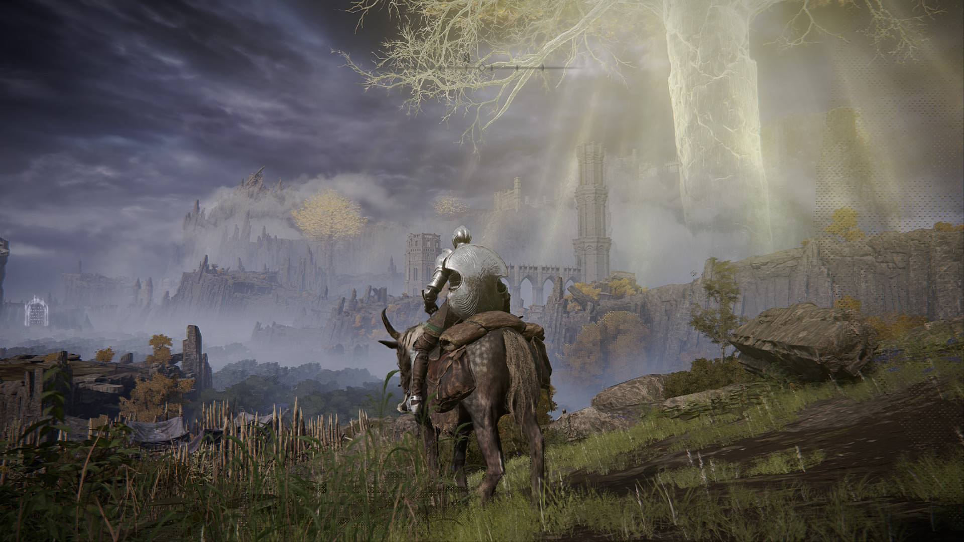 A lone armored rider on a horned mount overlooks a misty ruined kingdom beneath golden trees, evoking a solemn, ethereal mood.