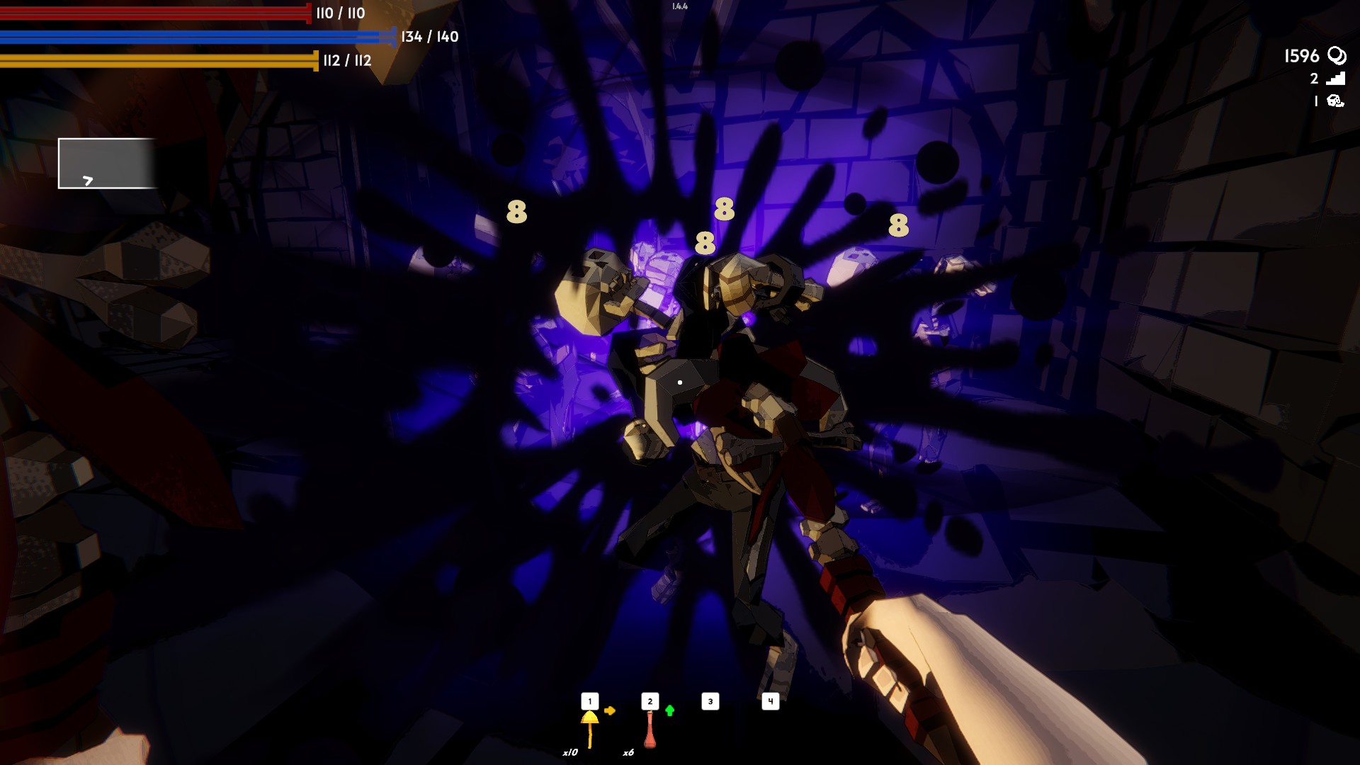 A hand holding a staff destroys a skeleton in a large black splatter with a purple light behind it. There are several 8s on the screen around the skeleton. There are three statistic bars at the top left of the screen, red, blue and yellow. 