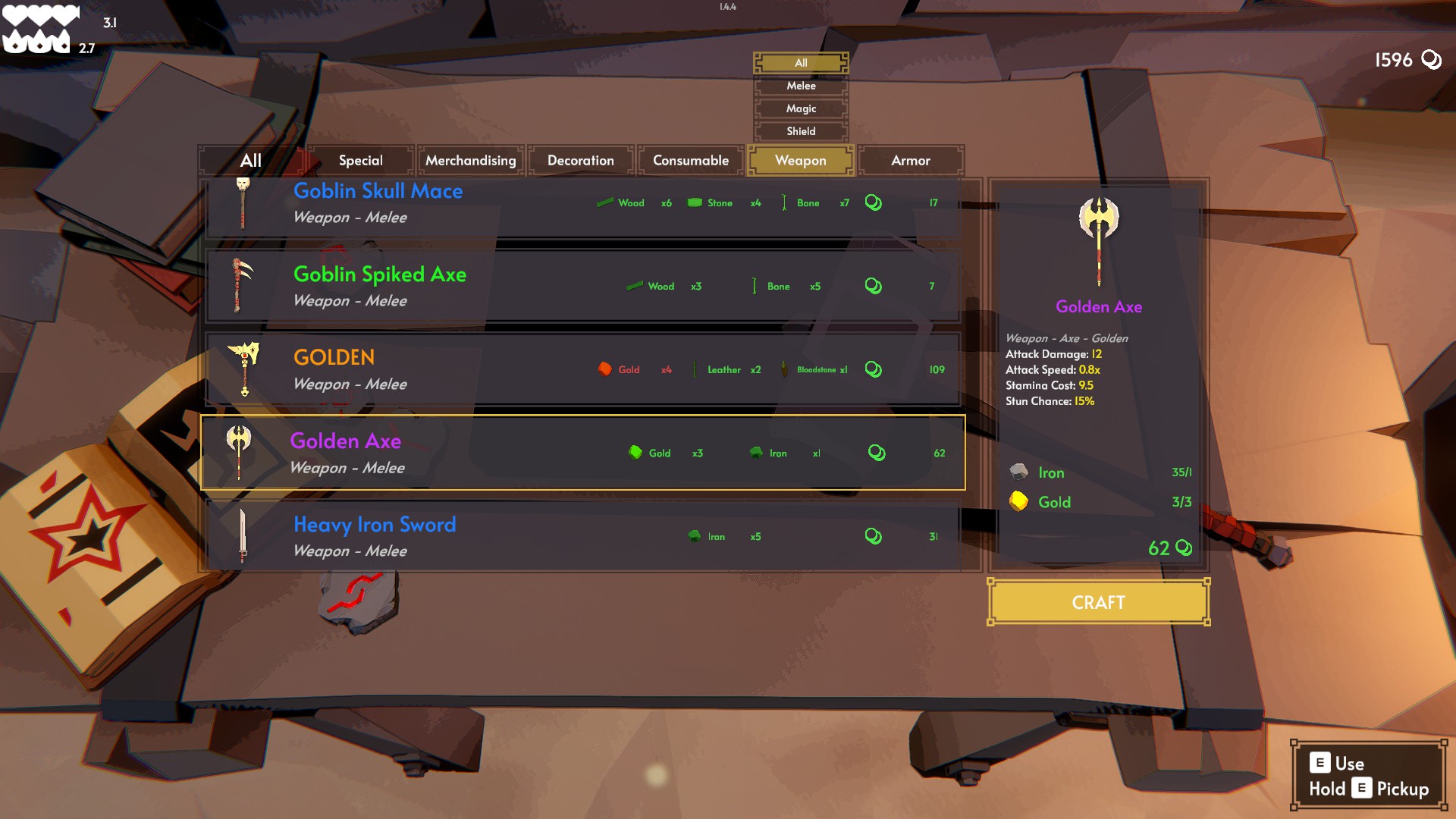 A list of items from the weapons category is listed on the screen with the materials needed to make them. The statistics of the selected weapon are listed to the right. Armour, Consumables, Decorations, Merchandising and Special are the other types of items that can be made. 