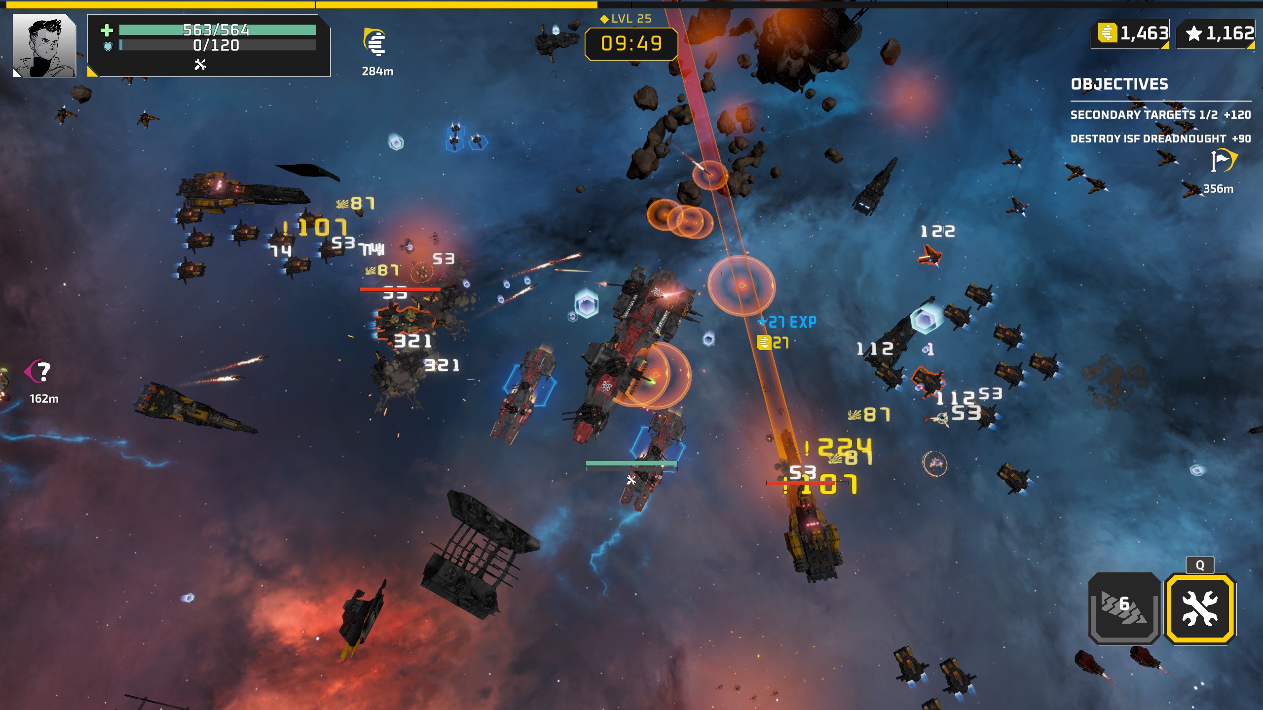 Space battle scene from a video game, showing multiple ships, health bars, damage numbers, objectives, and a timer at level 25.