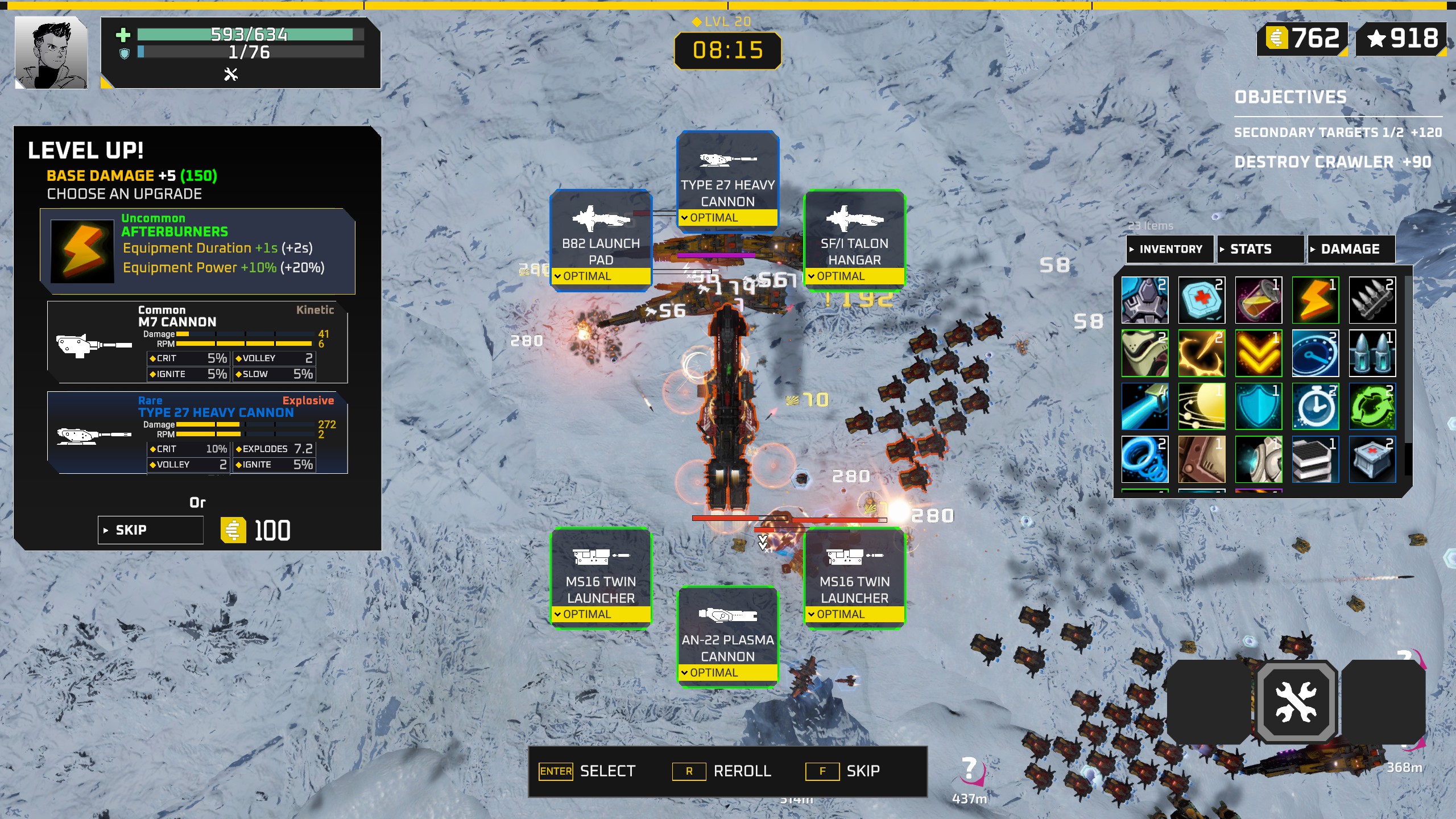 Top-down view of a snowy battlefield in a level-up screen of a futuristic combat game with weapon upgrade options.