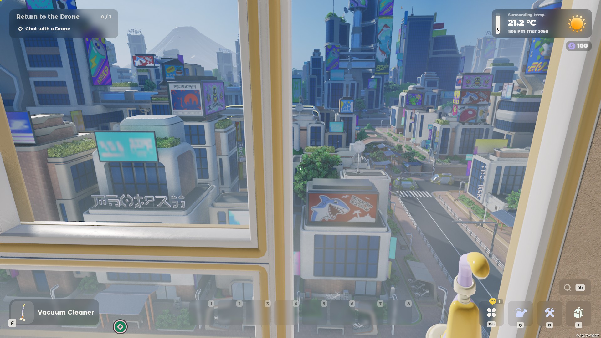 A calm, stylized futuristic city of blocky towers, roads, and greenery appears in a game interface, with cleaner and sunny-weather controls.