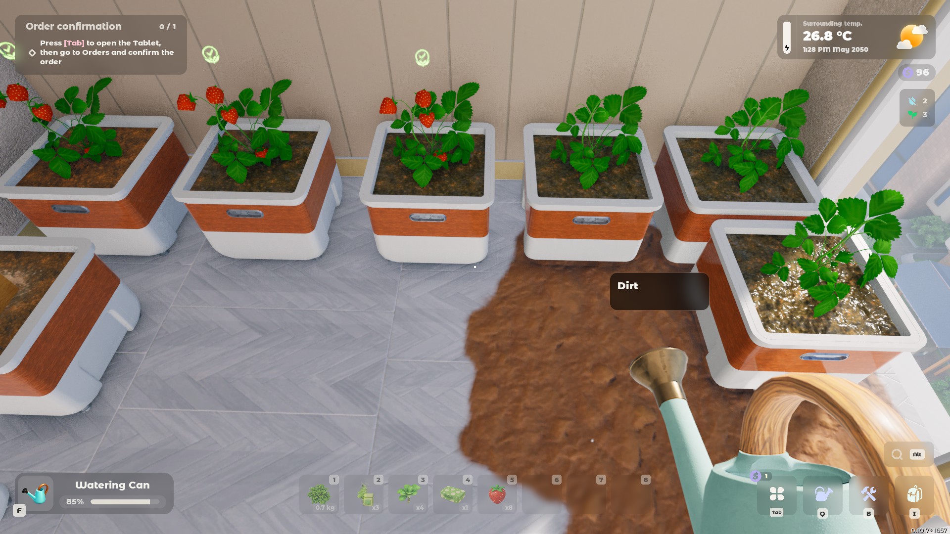 A gardening game interface shows rows of leafy seedlings in white-and-orange planters, with one soil-filled pot selected beside a spilled pile of dirt and watering controls.